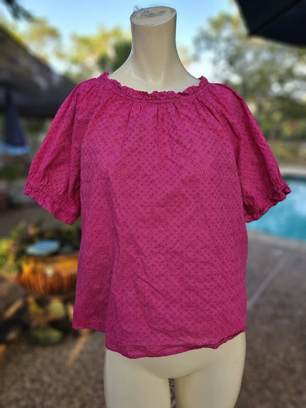 LOFT Fuschia Pink Cotton Eyelet Lace Peasant Blouse S